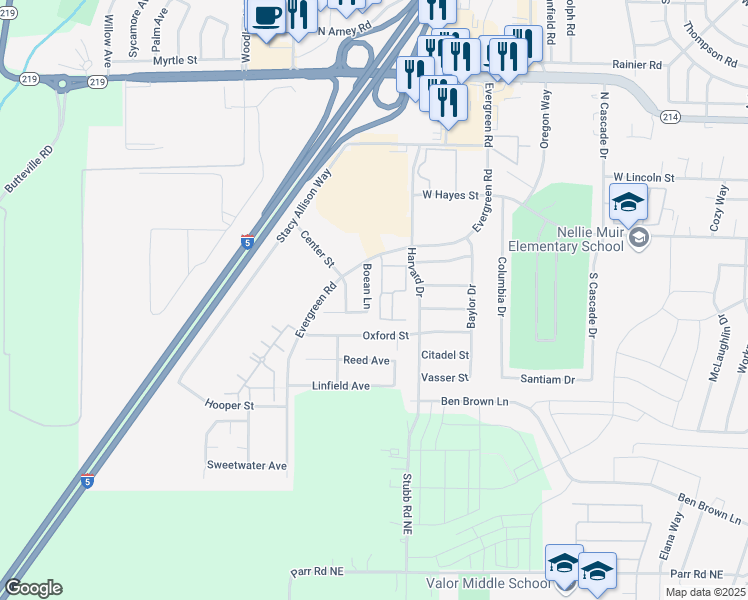 map of restaurants, bars, coffee shops, grocery stores, and more near 276 Boean Lane in Woodburn
