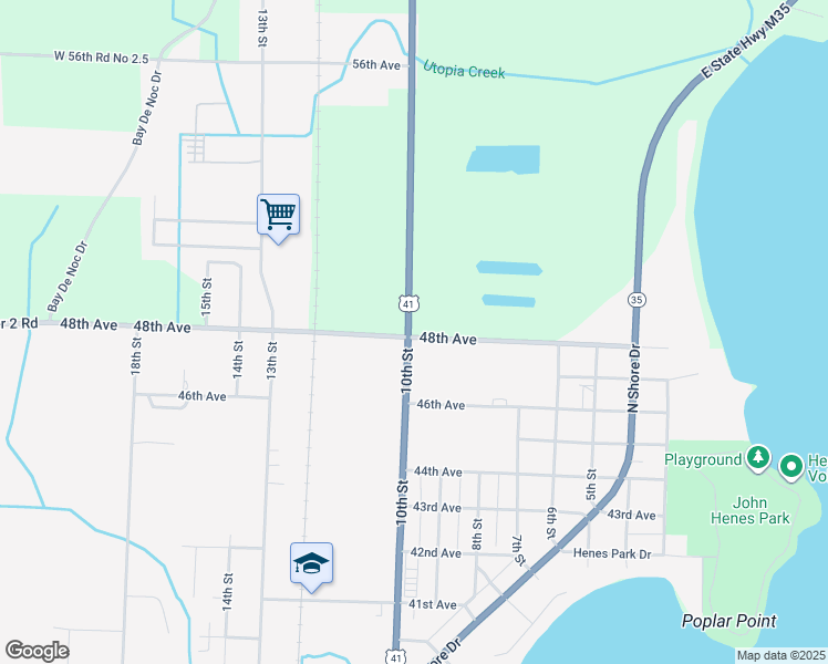 map of restaurants, bars, coffee shops, grocery stores, and more near 4799 10th Street in Menominee