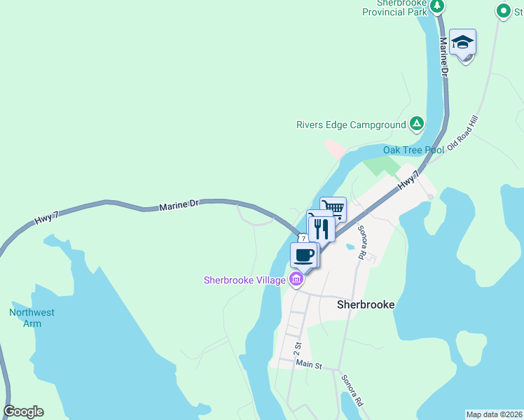 map of restaurants, bars, coffee shops, grocery stores, and more near 8073 Nova Scotia Trunk 7 in Sherbrooke