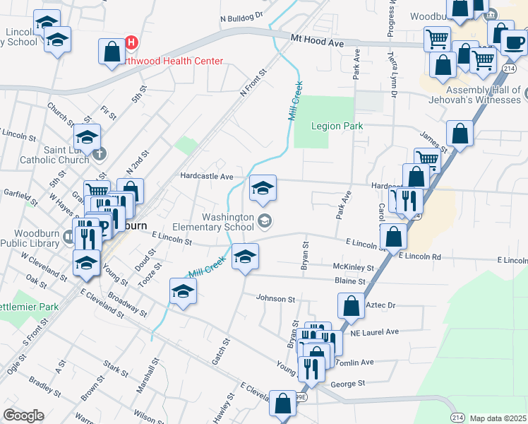 map of restaurants, bars, coffee shops, grocery stores, and more near 777a East Lincoln Street in Woodburn