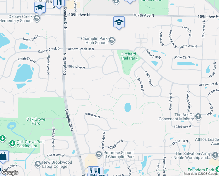 map of restaurants, bars, coffee shops, grocery stores, and more near 5614 105th Avenue North in Minneapolis