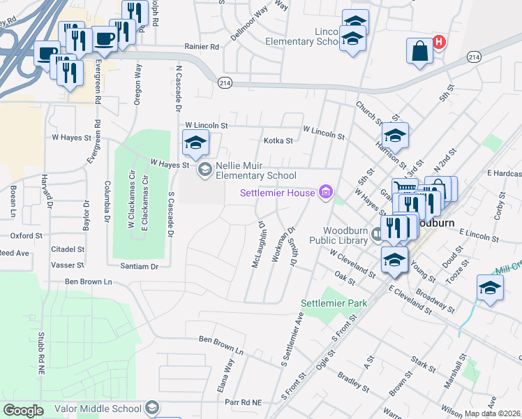 map of restaurants, bars, coffee shops, grocery stores, and more near 230 McLaughlin Drive in Woodburn