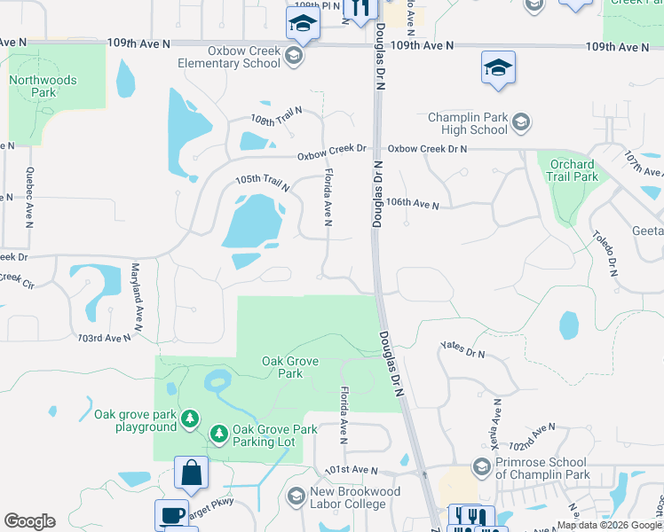 map of restaurants, bars, coffee shops, grocery stores, and more near 10400 Florida Avenue North in Minneapolis