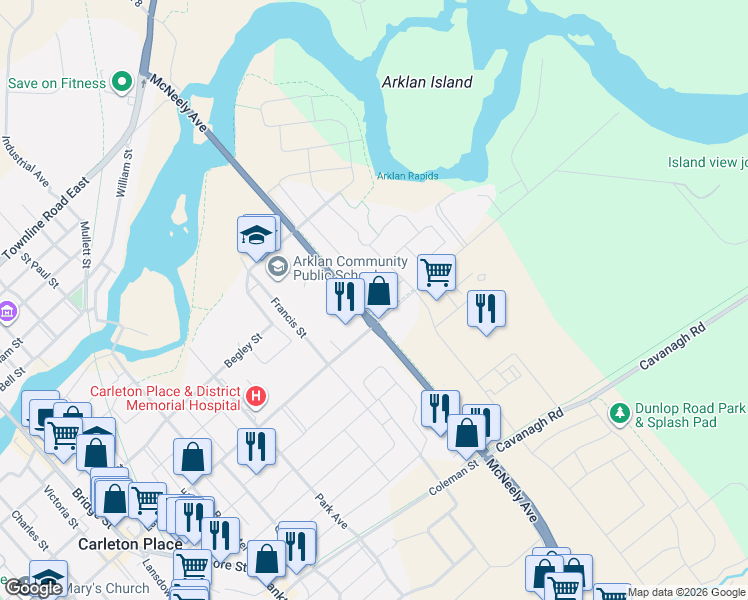 map of restaurants, bars, coffee shops, grocery stores, and more near 40 Crampton Drive in Carleton Place