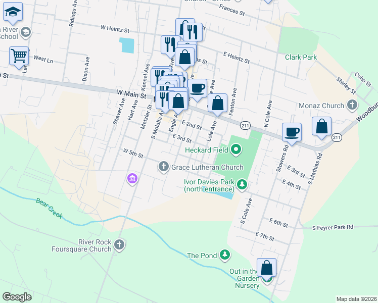 map of restaurants, bars, coffee shops, grocery stores, and more near 322 East 4th Street in Molalla