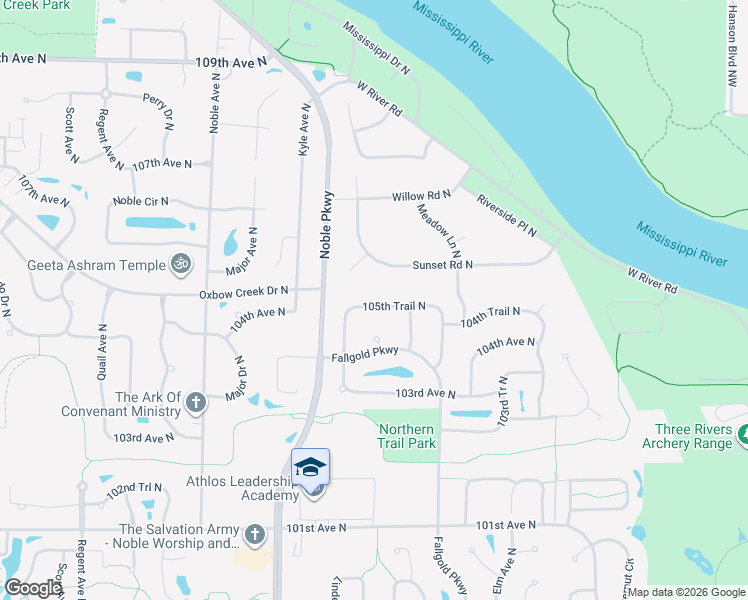 map of restaurants, bars, coffee shops, grocery stores, and more near 4100 105th Trail North in Minneapolis