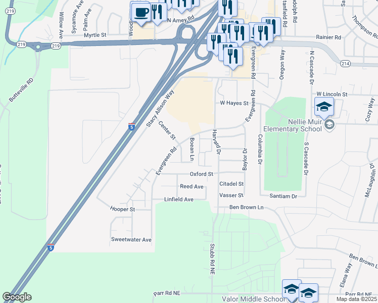 map of restaurants, bars, coffee shops, grocery stores, and more near 261 Boean Lane in Woodburn