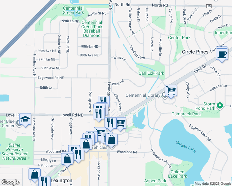 map of restaurants, bars, coffee shops, grocery stores, and more near 646 Village Parkway in Circle Pines