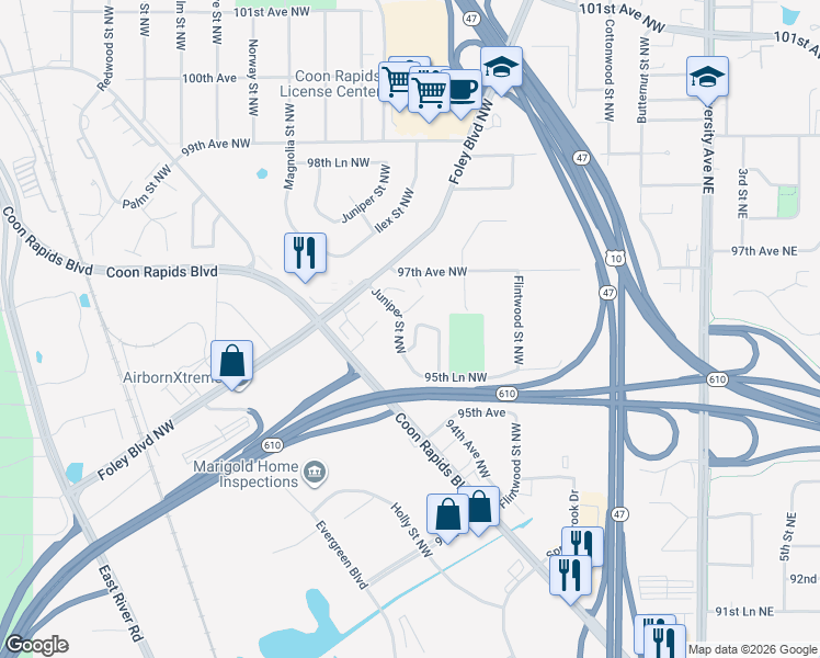 map of restaurants, bars, coffee shops, grocery stores, and more near 425 95th Lane Northwest in Coon Rapids