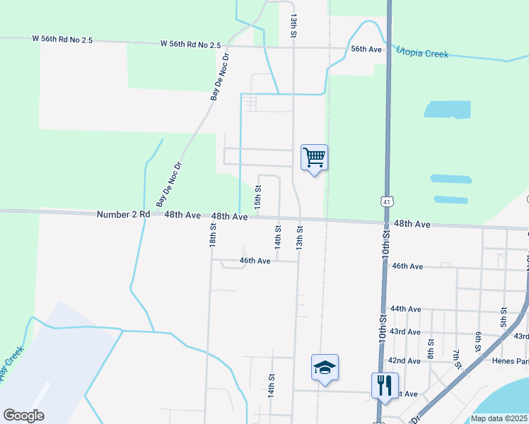map of restaurants, bars, coffee shops, grocery stores, and more near 4900 15th Street in Menominee
