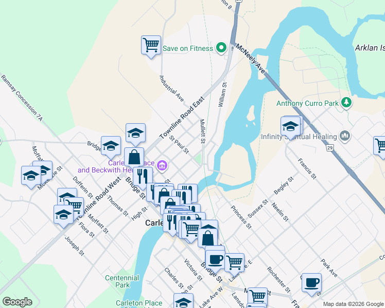 map of restaurants, bars, coffee shops, grocery stores, and more near 137 William Street in Carleton Place