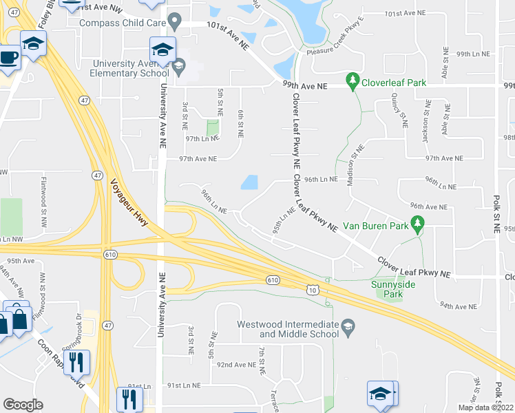 map of restaurants, bars, coffee shops, grocery stores, and more near 264 96th Lane Northeast in Blaine
