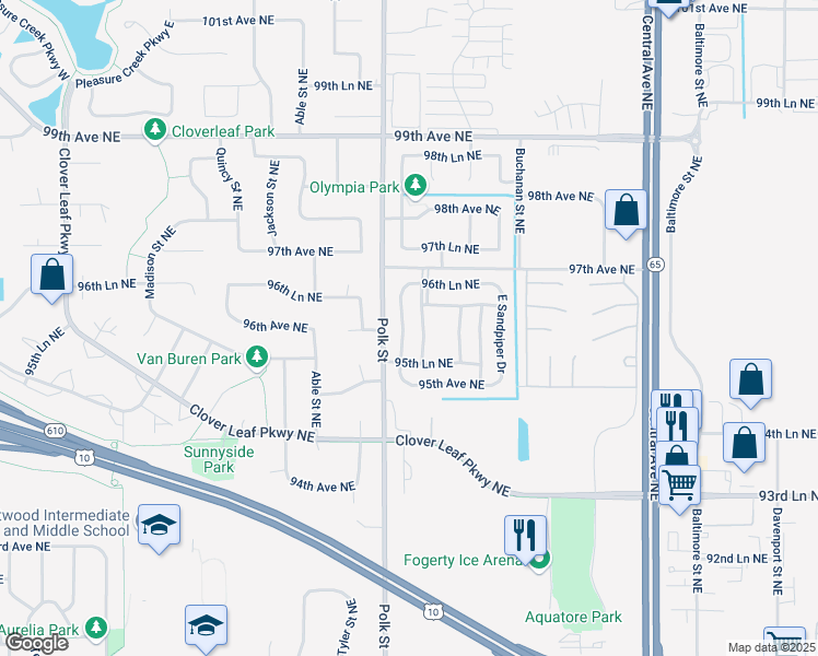 map of restaurants, bars, coffee shops, grocery stores, and more near 9500-9614 Taylor Street Northeast in Blaine