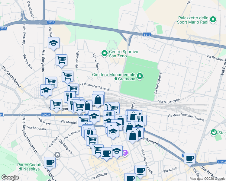map of restaurants, bars, coffee shops, grocery stores, and more near 54 Via San Francesco D'Assisi in Cremona