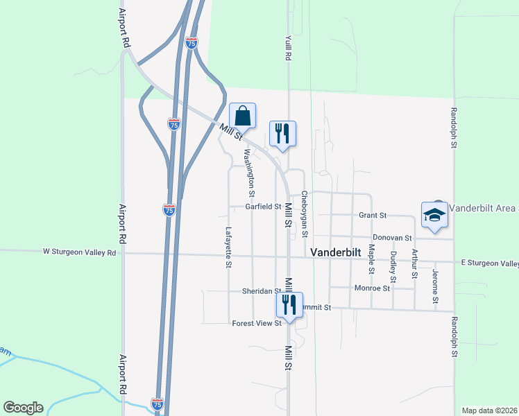 map of restaurants, bars, coffee shops, grocery stores, and more near 415 Garfield Street in Vanderbilt