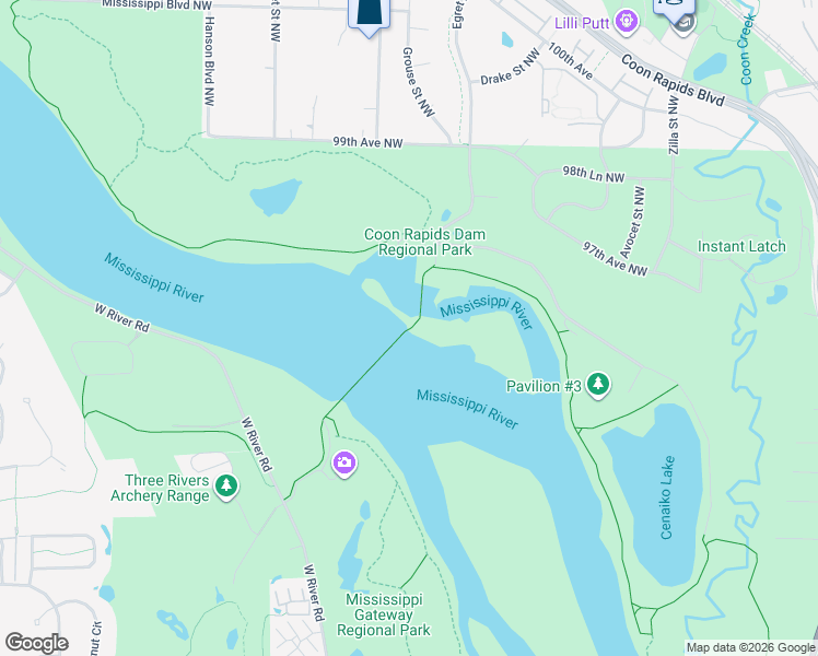 map of restaurants, bars, coffee shops, grocery stores, and more near Coon Rapids Dam in Coon Rapids