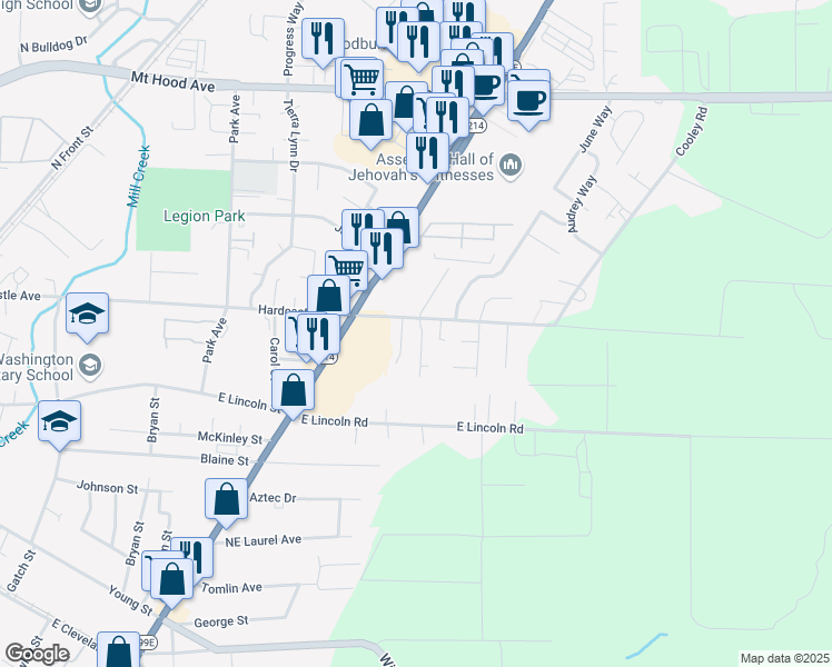 map of restaurants, bars, coffee shops, grocery stores, and more near 1148 Kennedy Street in Woodburn