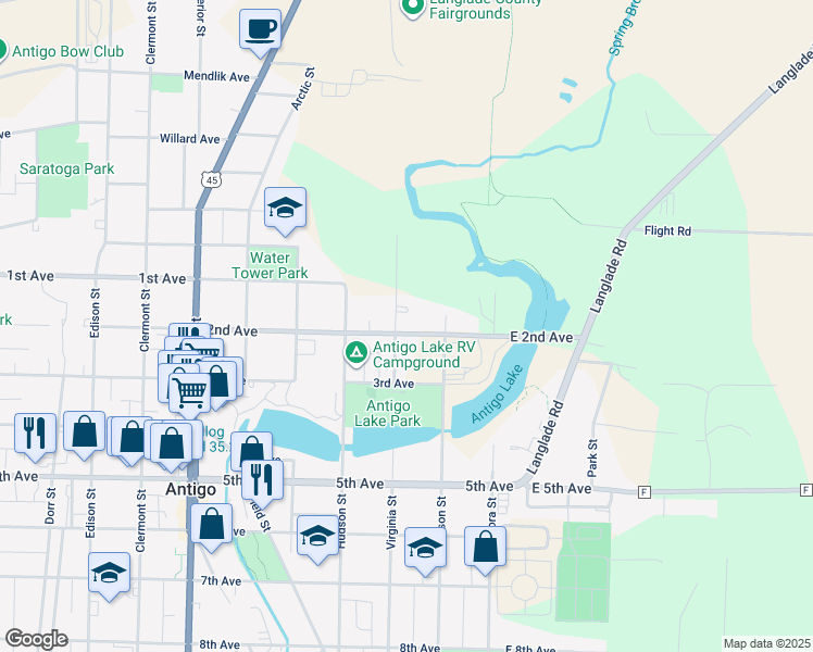 map of restaurants, bars, coffee shops, grocery stores, and more near 936 Virginia Street in Antigo