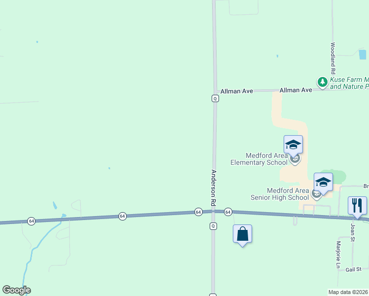 map of restaurants, bars, coffee shops, grocery stores, and more near N3117 County Road Q in Medford