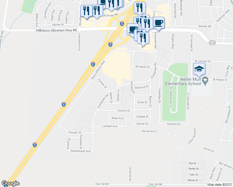 map of restaurants, bars, coffee shops, grocery stores, and more near 245 Boean Lane in Woodburn