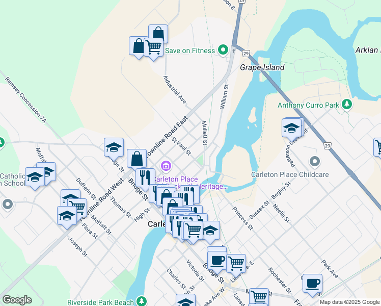 map of restaurants, bars, coffee shops, grocery stores, and more near 261 Saint Paul Street in Carleton Place