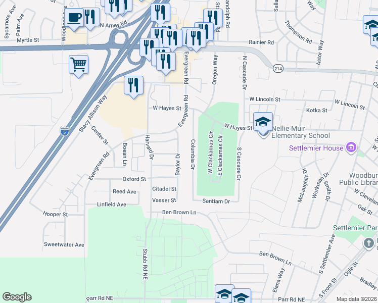 map of restaurants, bars, coffee shops, grocery stores, and more near 443 Columbia Drive in Woodburn