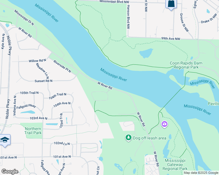 map of restaurants, bars, coffee shops, grocery stores, and more near Mississippi National River and Recreation Area in Brooklyn Park