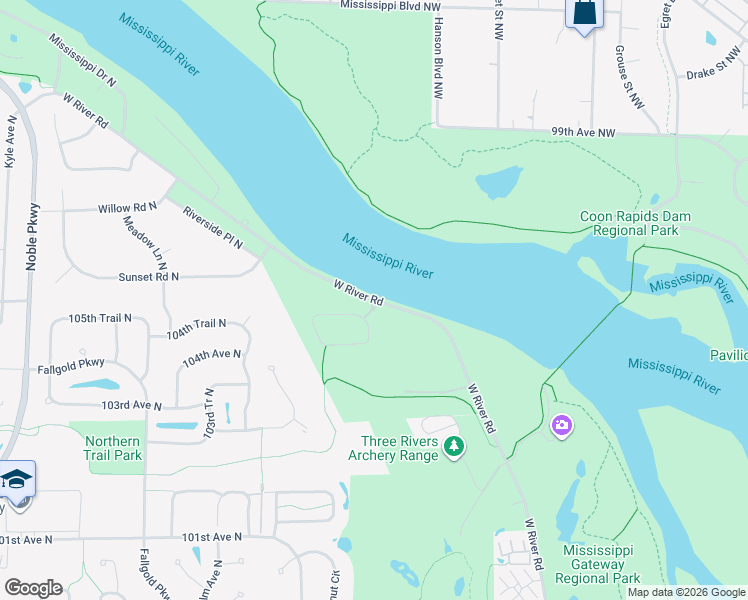 map of restaurants, bars, coffee shops, grocery stores, and more near Mississippi National River and Recreation Area in Brooklyn Park