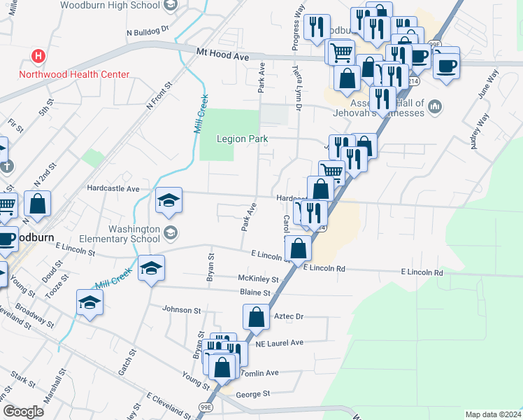 map of restaurants, bars, coffee shops, grocery stores, and more near 1088 Park Avenue in Woodburn