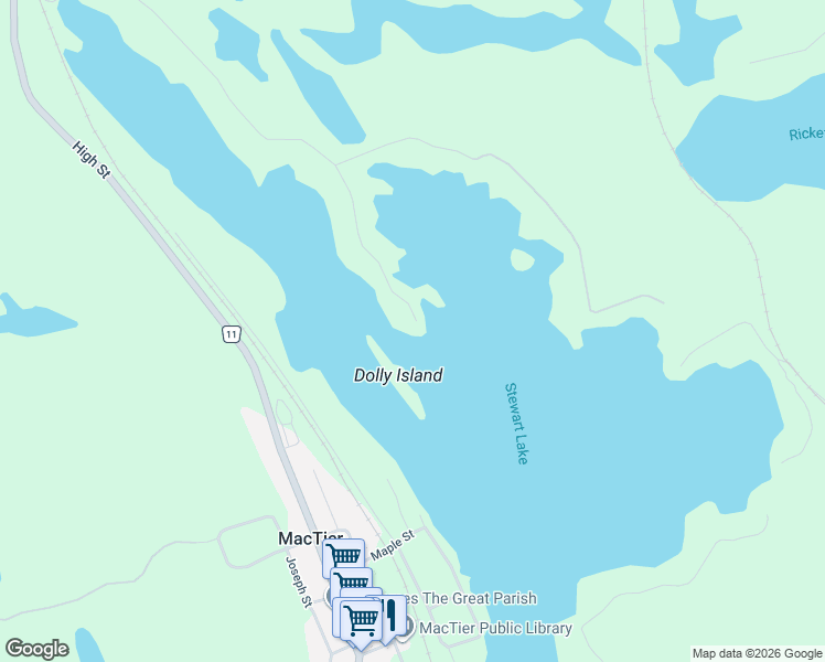 map of restaurants, bars, coffee shops, grocery stores, and more near 374 Stewart Lake Road in MacTier