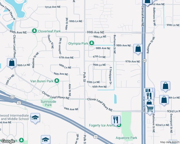 map of restaurants, bars, coffee shops, grocery stores, and more near 9616-9698 Taylor Street Northeast in Blaine