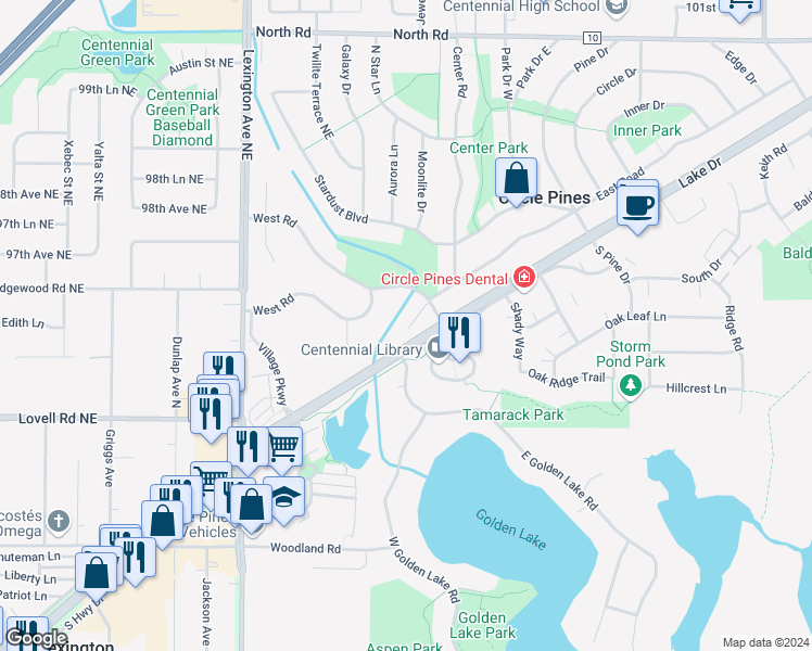 map of restaurants, bars, coffee shops, grocery stores, and more near 50 West Road in Circle Pines