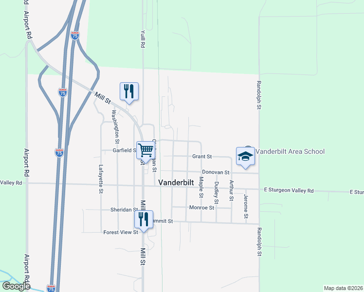 map of restaurants, bars, coffee shops, grocery stores, and more near 415 Garfield Street in Vanderbilt