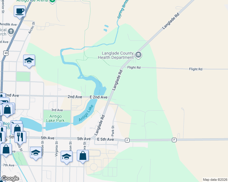 map of restaurants, bars, coffee shops, grocery stores, and more near 1003 Langlade Road in Antigo