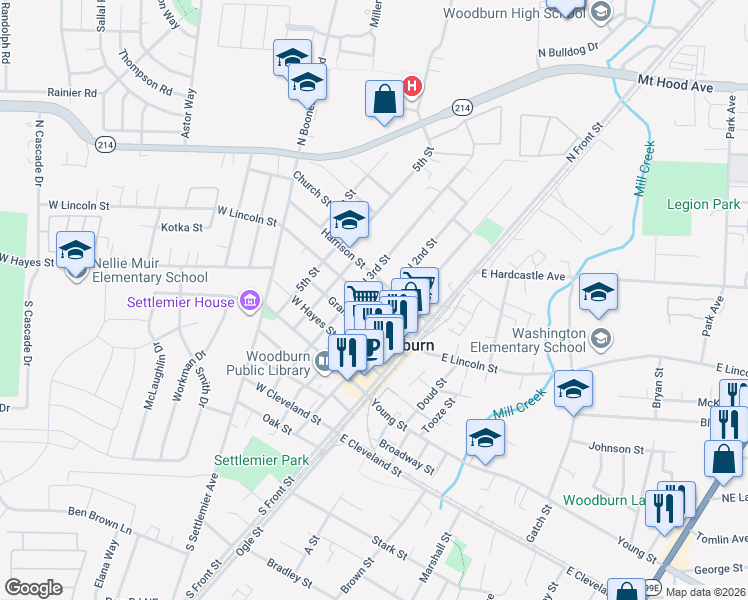 map of restaurants, bars, coffee shops, grocery stores, and more near 683 North 2nd Street in Woodburn