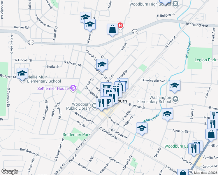 map of restaurants, bars, coffee shops, grocery stores, and more near 683 North 2nd Street in Woodburn