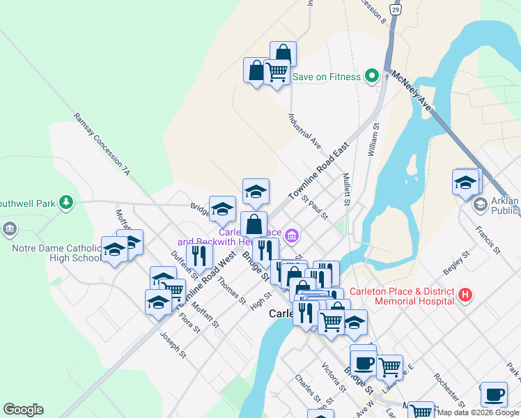 map of restaurants, bars, coffee shops, grocery stores, and more near 345 Edmund Street in Carleton Place