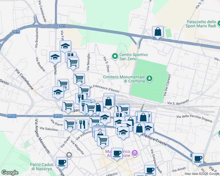 map of restaurants, bars, coffee shops, grocery stores, and more near 54 Via San Francesco d'Assisi in Cremona