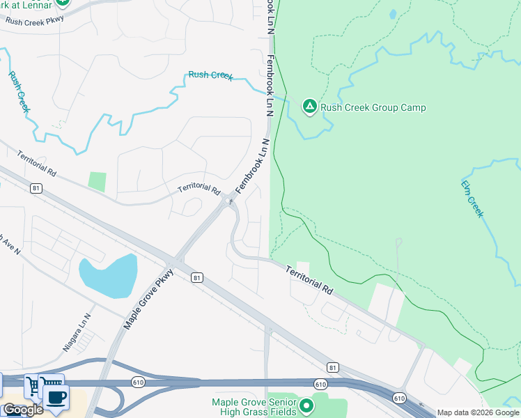 map of restaurants, bars, coffee shops, grocery stores, and more near 10501 Fernbrook Lane North in Maple Grove