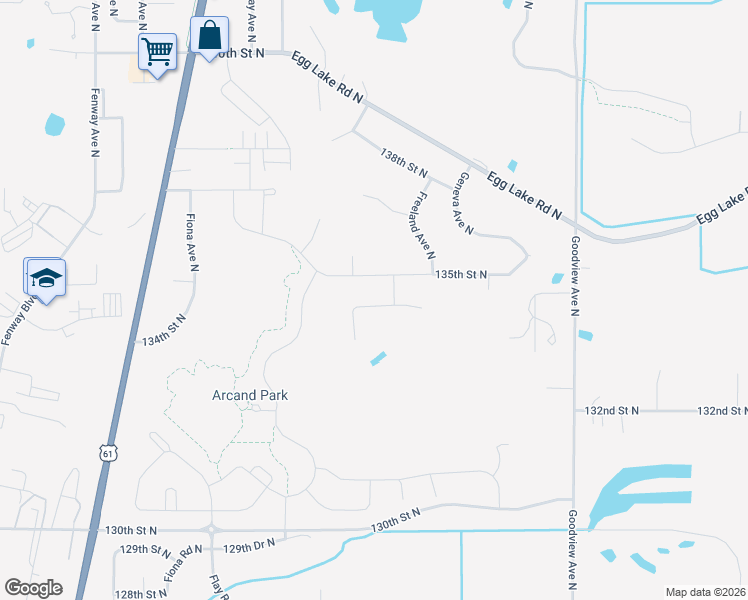 map of restaurants, bars, coffee shops, grocery stores, and more near 5845 135th Street North in Hugo