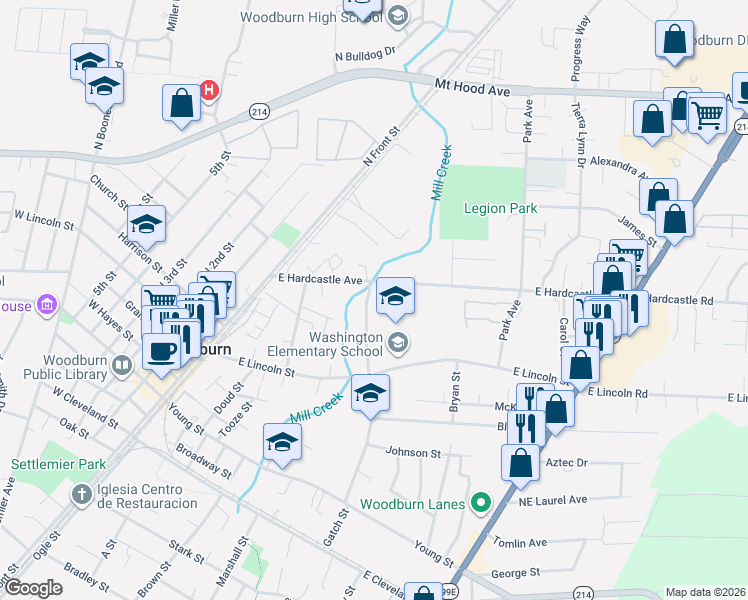 map of restaurants, bars, coffee shops, grocery stores, and more near 750 Hardcastle Avenue in Woodburn