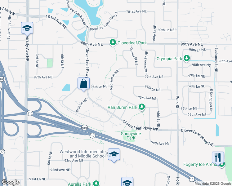 map of restaurants, bars, coffee shops, grocery stores, and more near 9570 Madison Street Northeast in Blaine