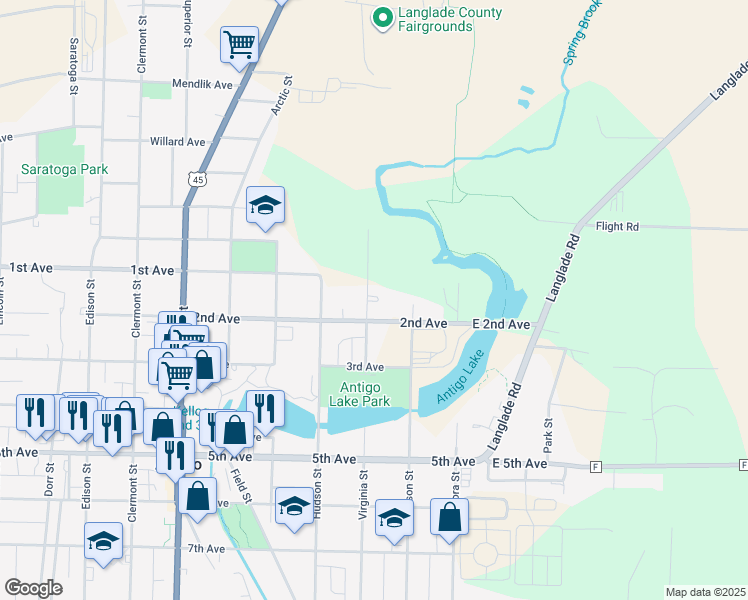 map of restaurants, bars, coffee shops, grocery stores, and more near 936 Virginia Street in Antigo