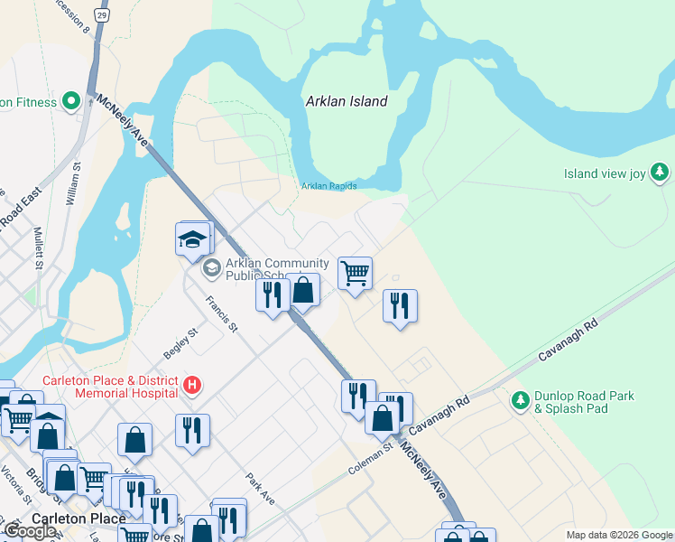 map of restaurants, bars, coffee shops, grocery stores, and more near 103 Sinclair Avenue in Carleton Place
