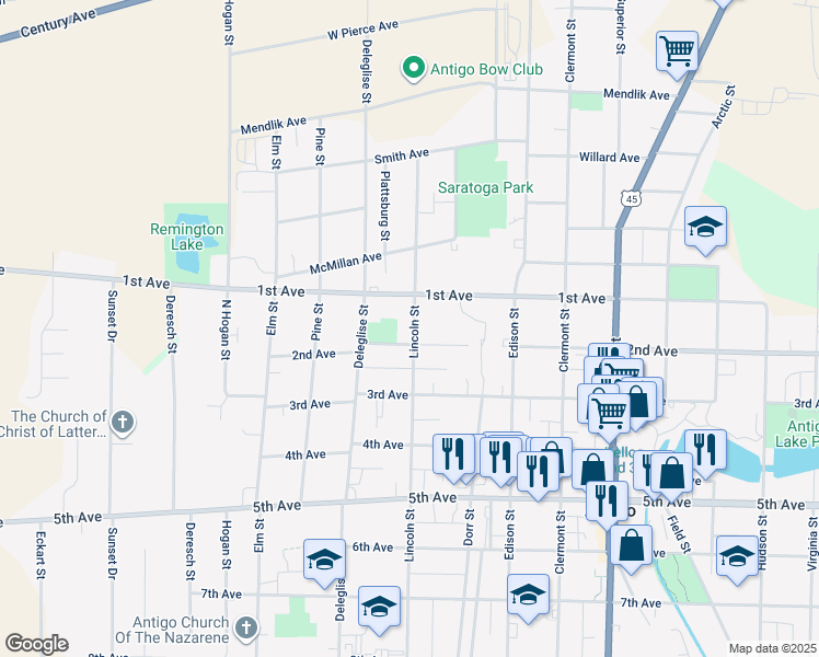 map of restaurants, bars, coffee shops, grocery stores, and more near 930 Lincoln Street in Antigo