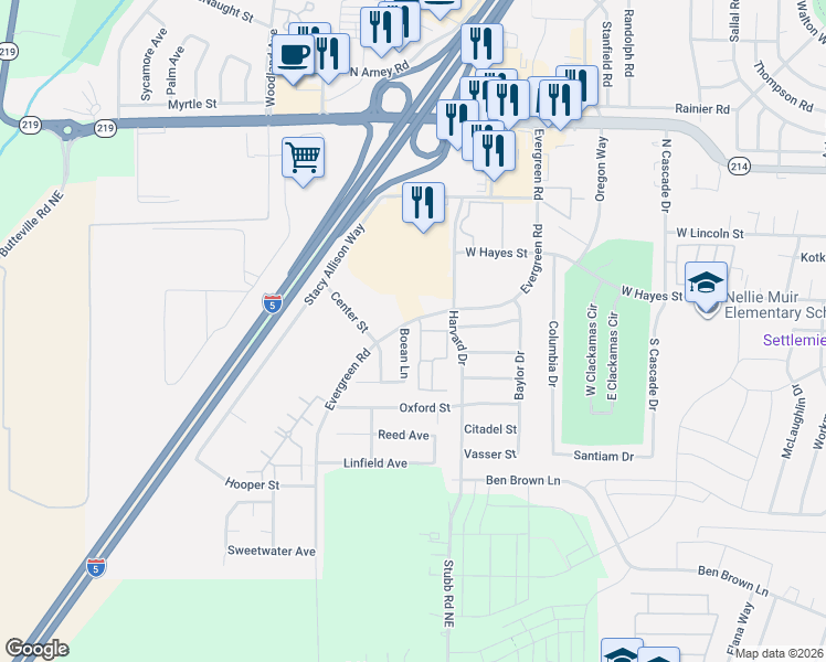 map of restaurants, bars, coffee shops, grocery stores, and more near 222 Boean Lane in Woodburn