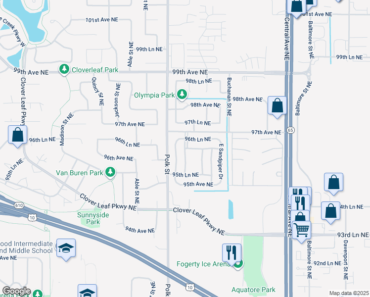 map of restaurants, bars, coffee shops, grocery stores, and more near 9616 Taylor Street Northeast in Blaine