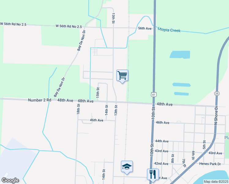 map of restaurants, bars, coffee shops, grocery stores, and more near 4929 13th Street in Menominee