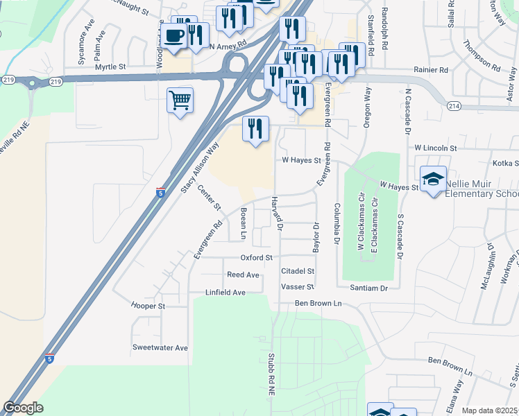 map of restaurants, bars, coffee shops, grocery stores, and more near 300 Evergreen Road in Woodburn