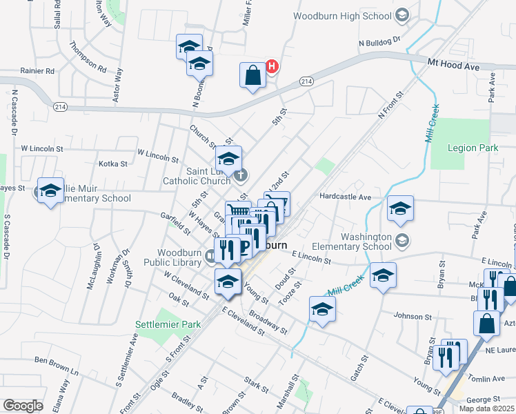 map of restaurants, bars, coffee shops, grocery stores, and more near 723 North 2nd Street in Woodburn